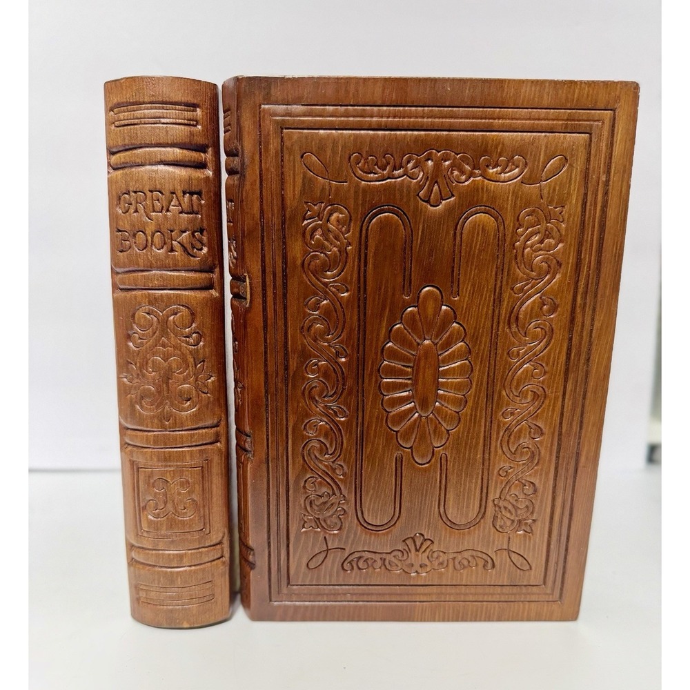 Vintage Carved Wood Bookends Pair Great Books Faux Book Ornate Floral Gothic
